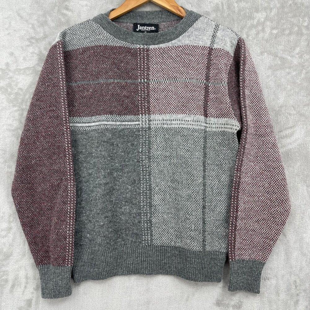 Jantzen Vintage Wool Blend Gray Burgandy Plaid Crew Neck Sweater USA Made